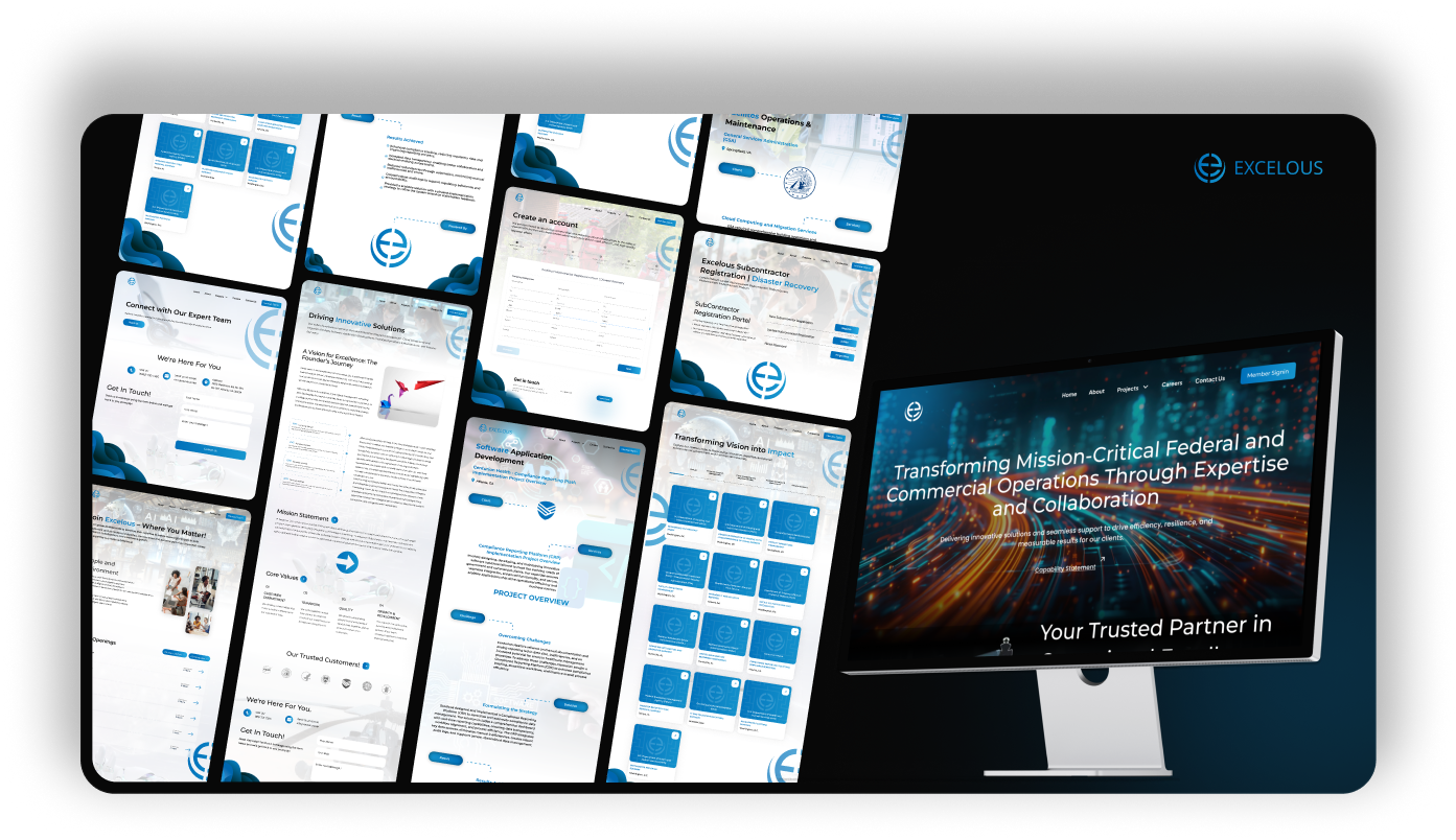 Grid of UI mockups and a monitor displaying the Exceloeus homepage with the headline 'Transforming Mission-Critical Federal and Commercial Operations Through Expertise and Collaboration'. The designs highlight professional blue-and-white branding, form pages, project showcases, and service details.
