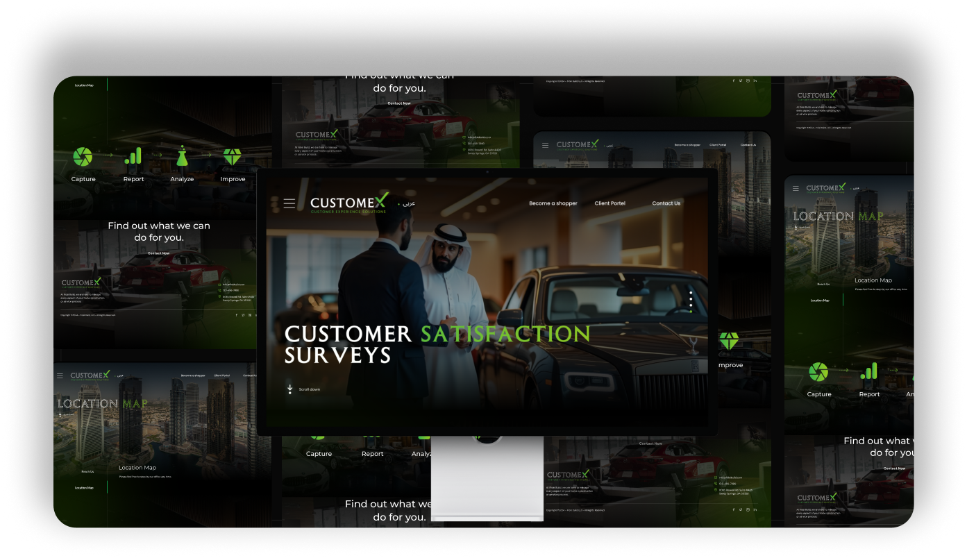 Digital mockup of the Customex website and promotional slides featuring customer satisfaction surveys. Central screen shows a professional interaction between two men in formal attire—one in a kandura—next to a luxury car inside a dealership. Background includes data capture icons, performance charts, and service-related phrases like 'Find out what we can do for you' and 'Location Map.' Design uses green and black themes with high-end imagery.