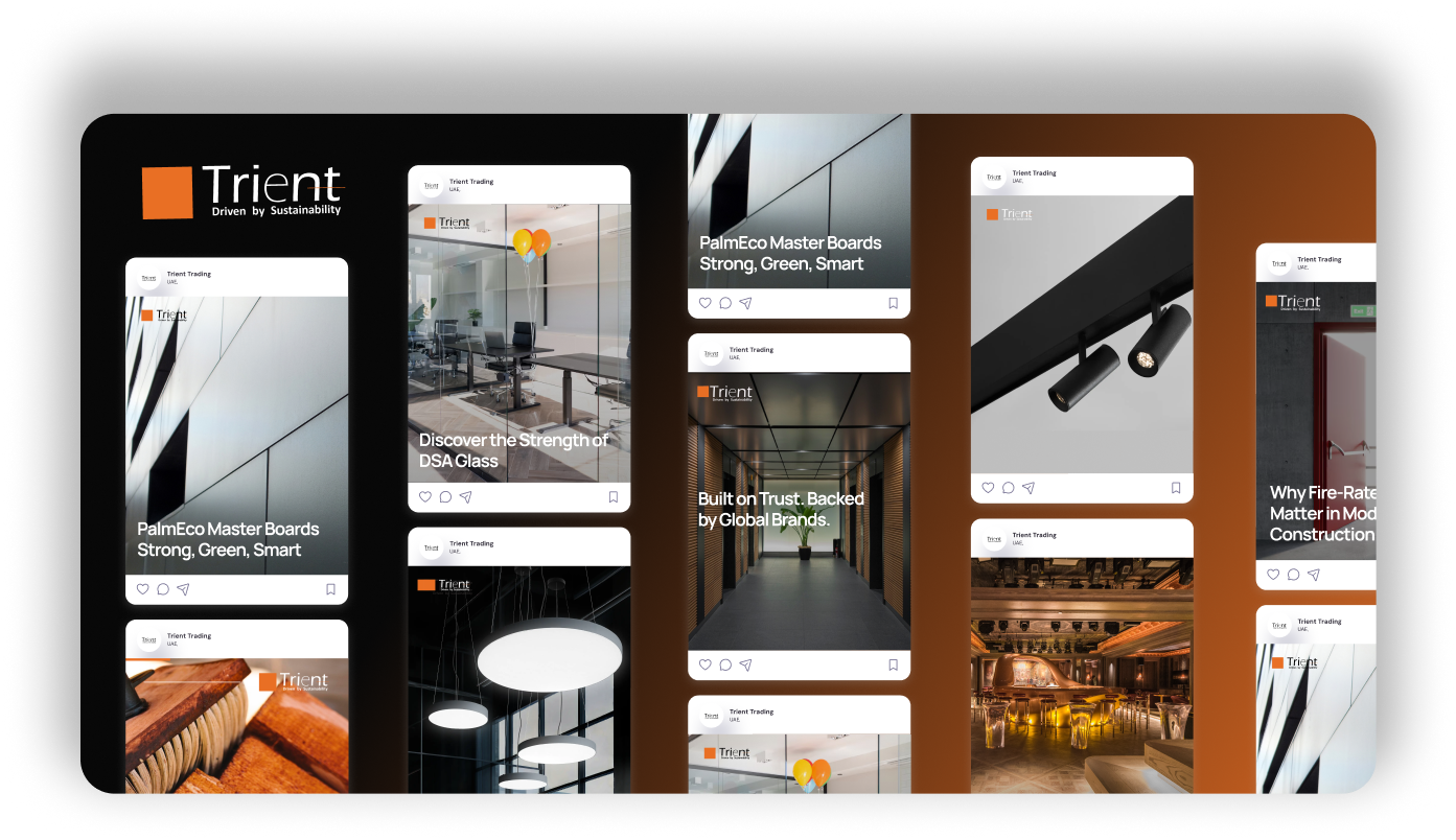 Collage of Instagram-style posts from Trient Trading showcasing premium sustainable building materials including PalmEco Master Boards, DSA Glass, fire-rated wood, and lighting systems. Posts feature sleek interior shots of modern architecture, office spaces, lighting fixtures, and branded taglines like 'Strong, Green, Smart' and 'Backed by Global Brands'. Design theme uses dark backgrounds, orange branding elements, and elegant minimalist photography to highlight product strength and sustainability.