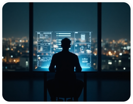 Silhouette of a person using a futuristic transparent dashboard with digital data panels, overlooking a city skyline at night