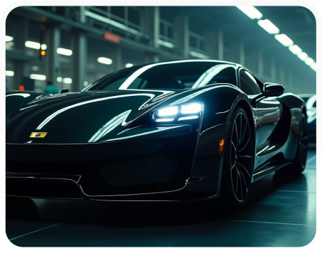 Luxury black sports car with LED headlights parked in a high-tech garage